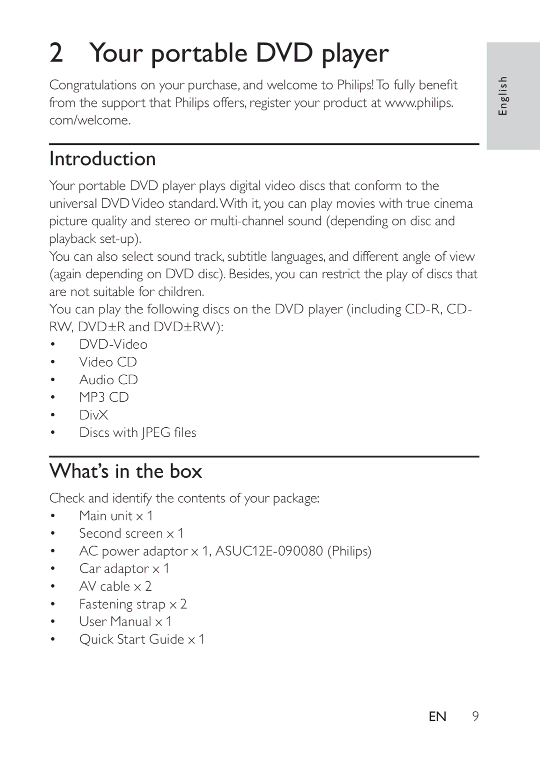 Philips PD7022/12 user manual Your portable DVD player, Introduction, What’s in the box 