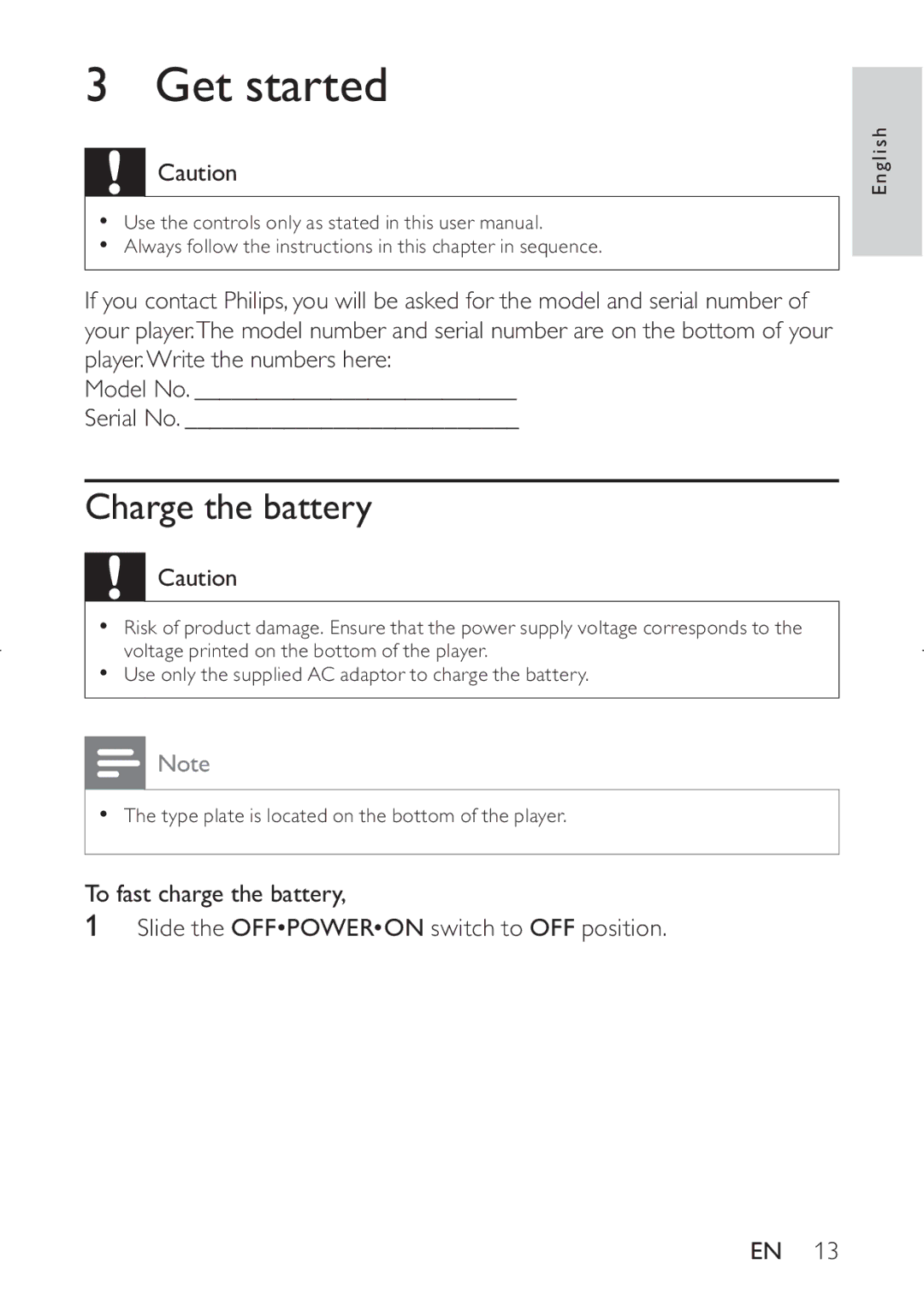 Philips PD7030 user manual Get started, Charge the battery 