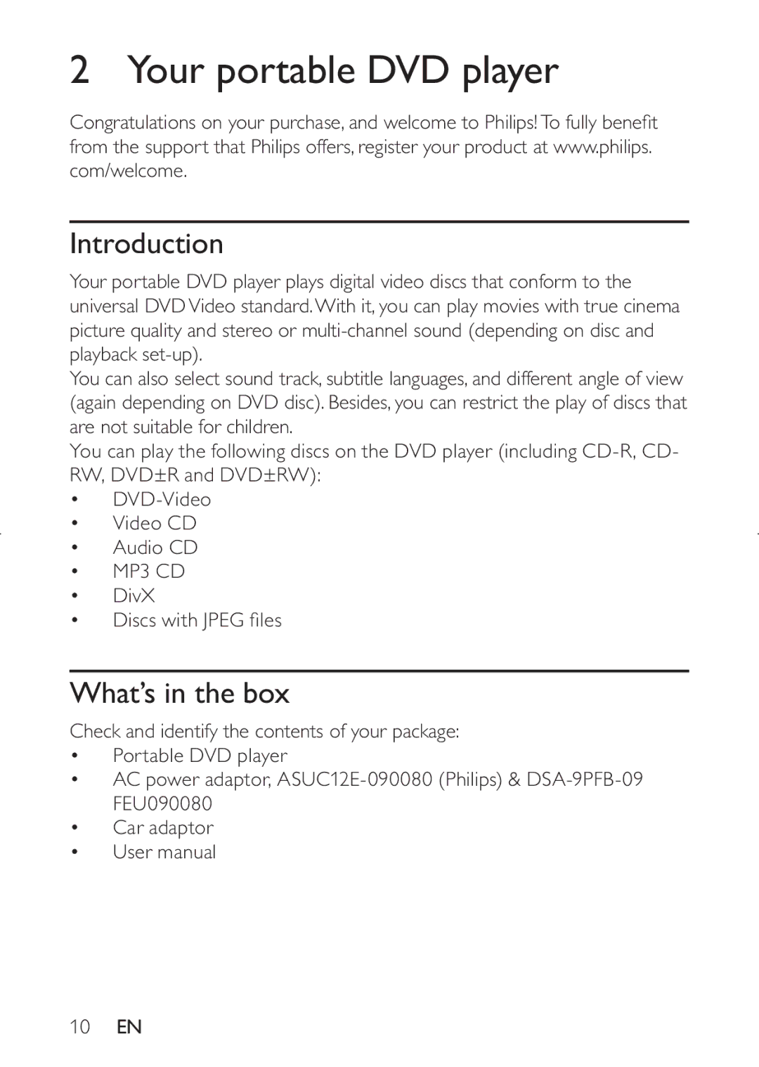 Philips PD7030 user manual Your portable DVD player, Introduction, What’s in the box 