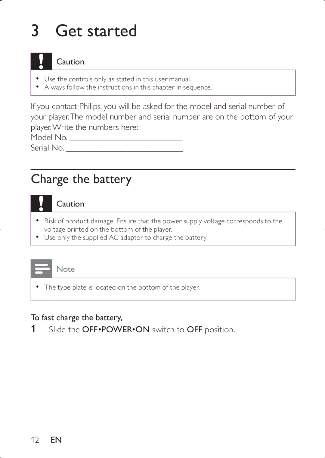 Philips PD7030 user manual Get started, Charge the battery 