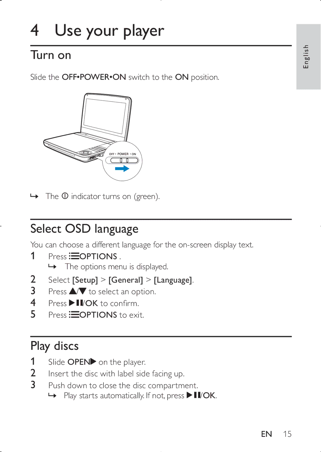 Philips PD7030 user manual Use your player, Turn on, Select OSD language, Play discs 