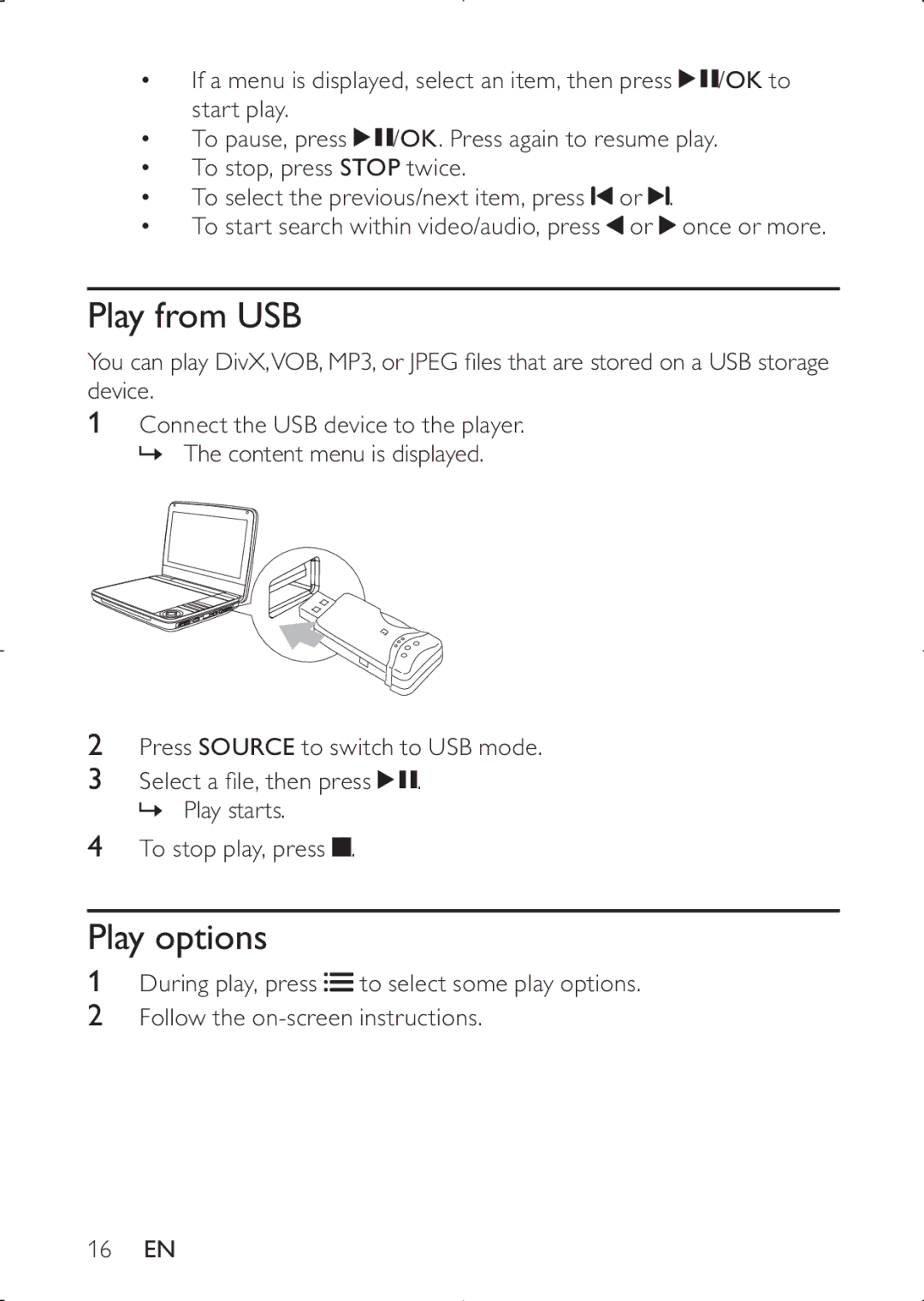 Philips PD7030 user manual Play from USB, Play options 