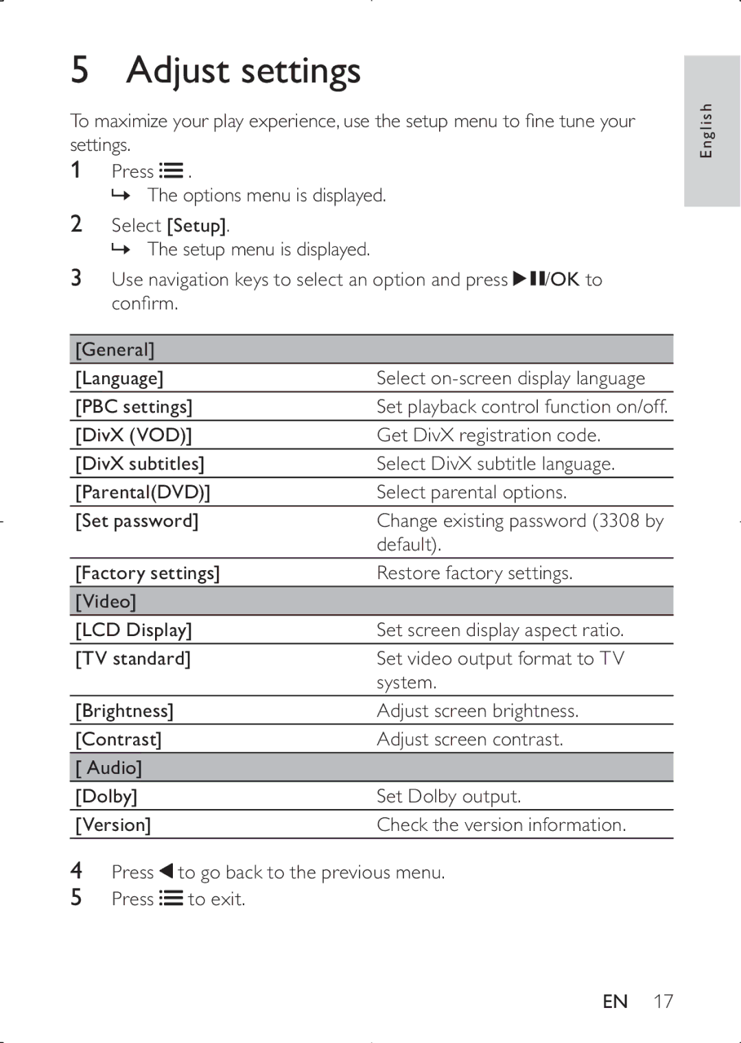 Philips PD7030 user manual Adjust settings 