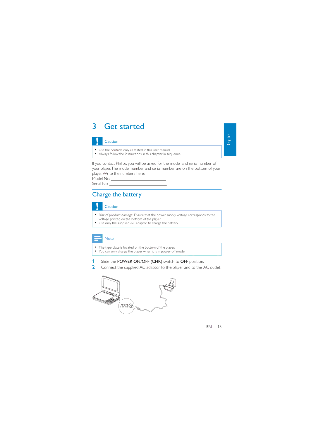 Philips PD7040/12 user manual Get started, Charge the battery 