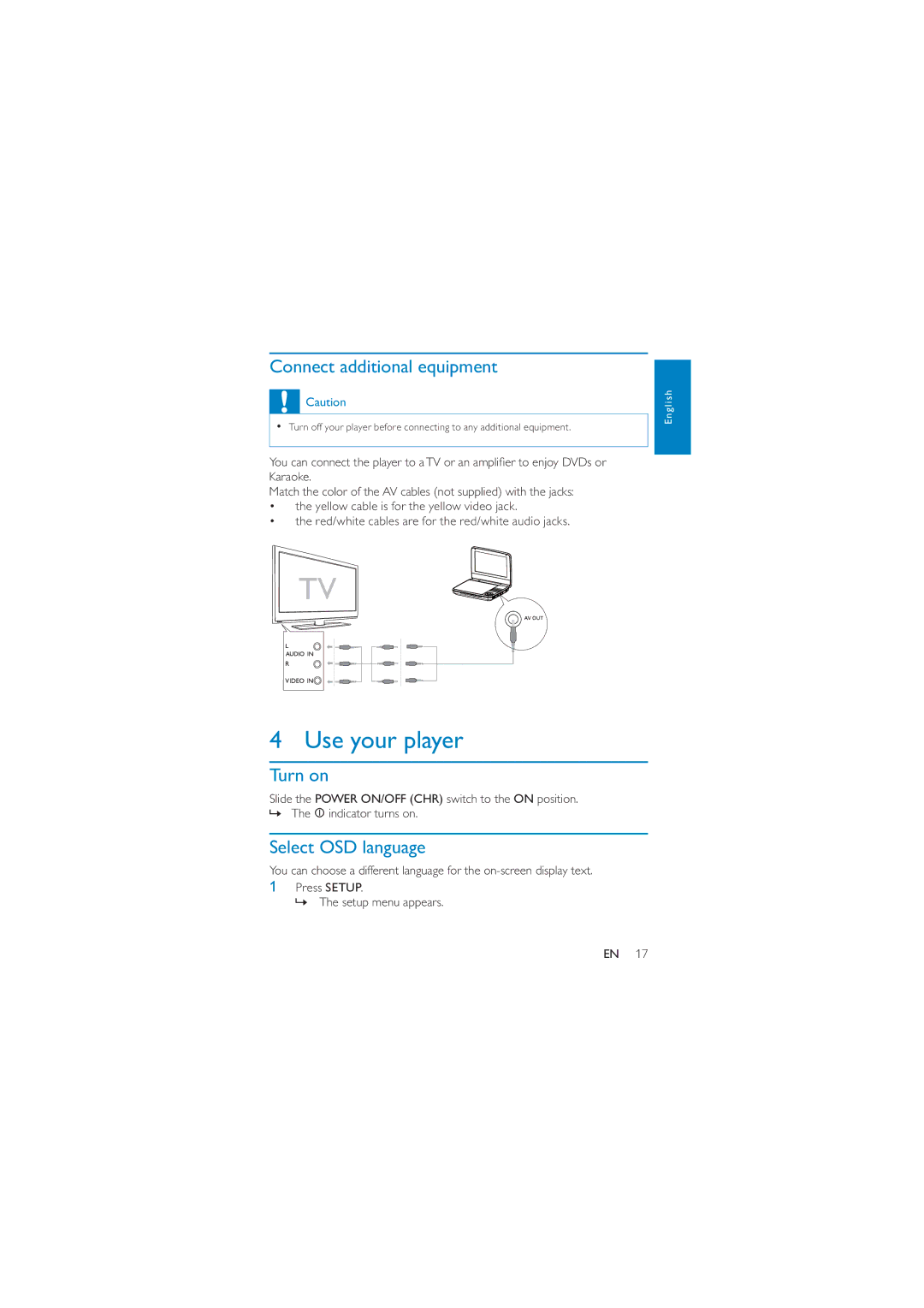 Philips PD7040/12 user manual Use your player, Connect additional equipment, Turn on, Select OSD language 