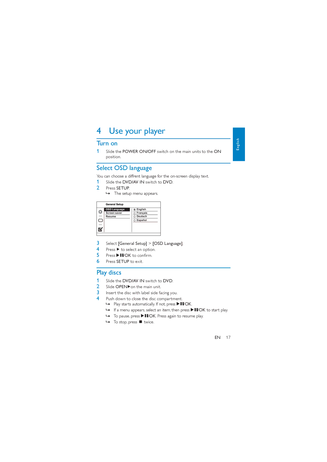 Philips PD7042/05 user manual Use your player, Turn on, Select OSD language, Play discs 