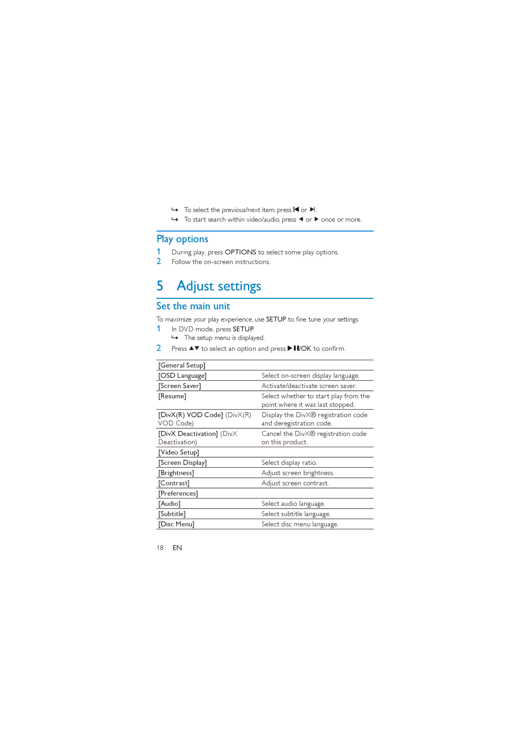 Philips PD7042/05 user manual Adjust settings, Play options, Set the main unit 