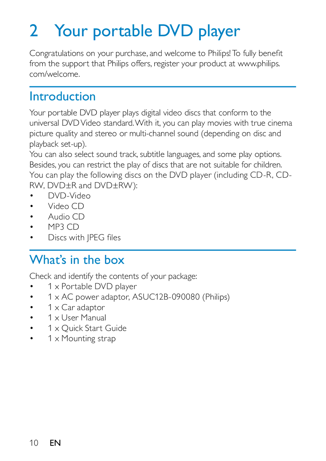 Philips PD709/05 user manual Your portable DVD player, Introduction, What’s in the box 