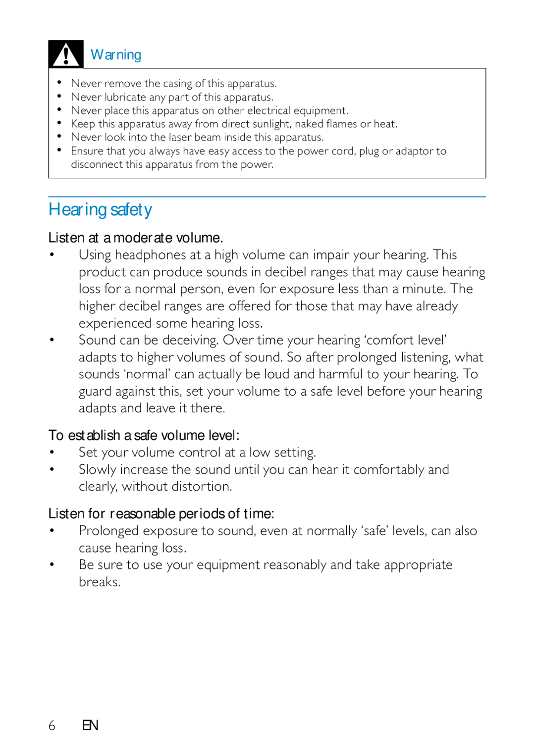 Philips PD709/05 user manual Hearing safety 