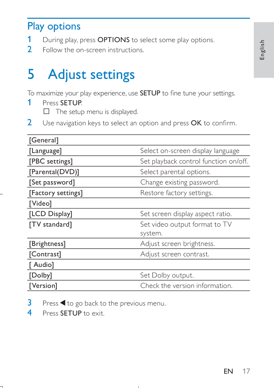 Philips PD709/12 user manual Adjust settings, Play options 