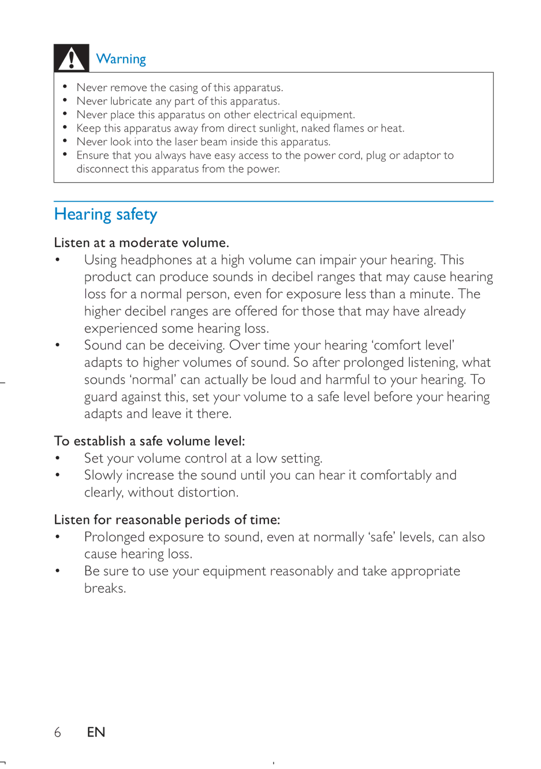 Philips PD709/12 user manual Hearing safety 