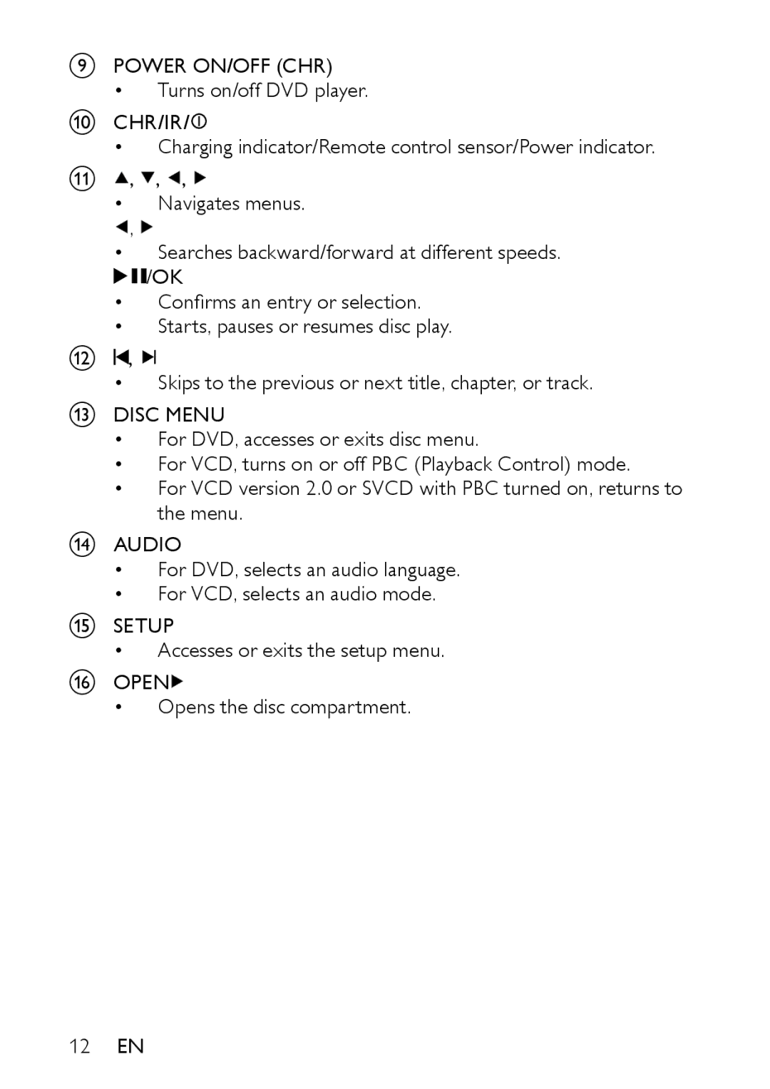 Philips PD9000/05 user manual Power ON/OFF CHR, Chr/Ir, Disc Menu, Audio, Setup, Open 