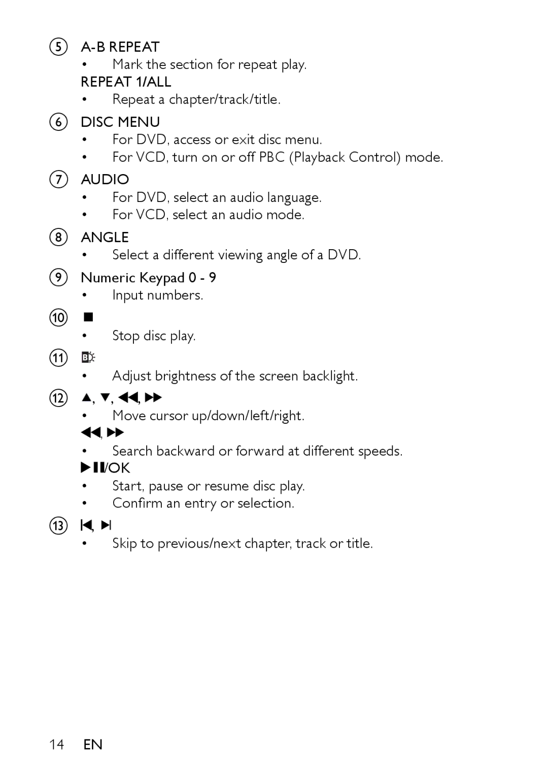 Philips PD9000/05 user manual B Repeat, Repeat 1/ALL, Angle 