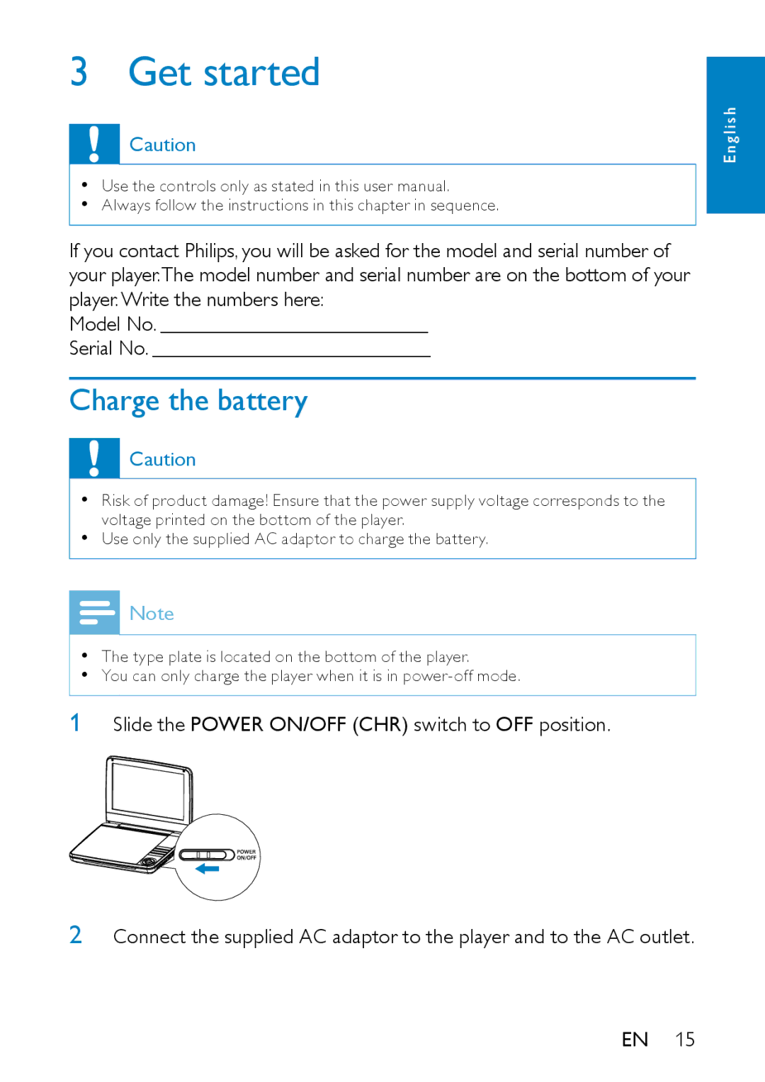 Philips PD9000/05 user manual Get started, Charge the battery 