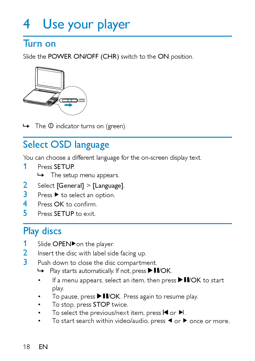 Philips PD9000/05 user manual Use your player, Turn on, Select OSD language, Play discs 