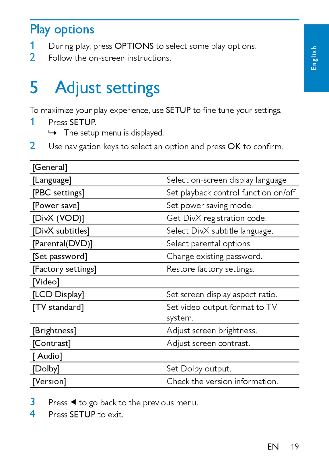 Philips PD9000/05 user manual Adjust settings, Play options 