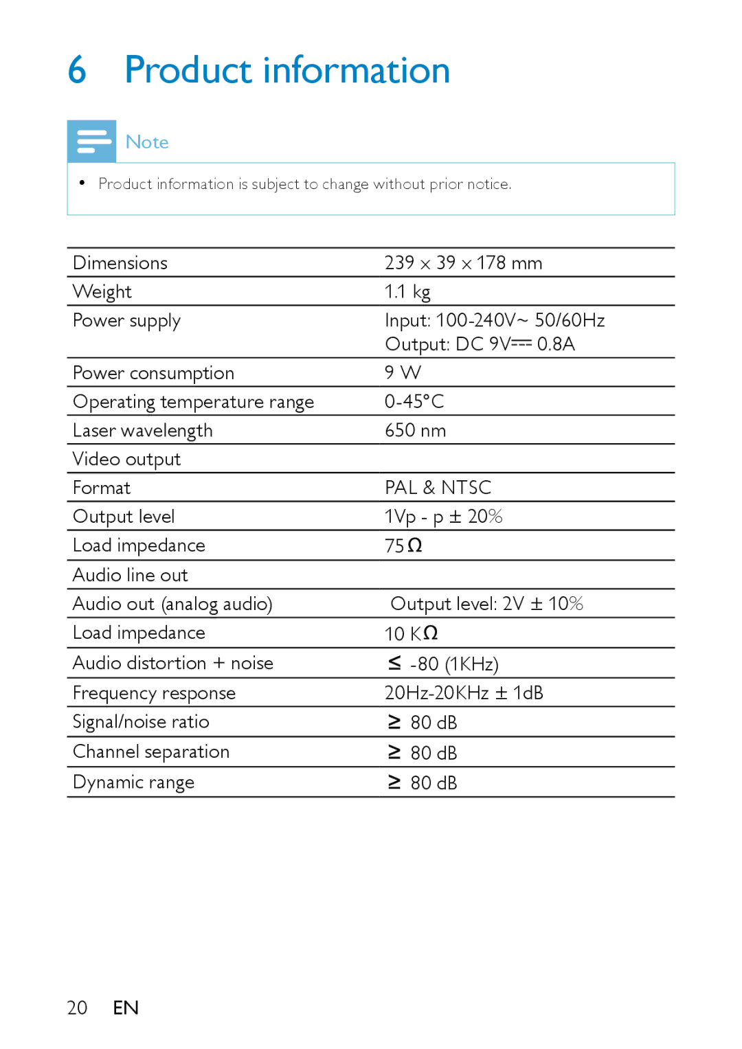 Philips PD9000/05 user manual Product information, PAL & Ntsc 