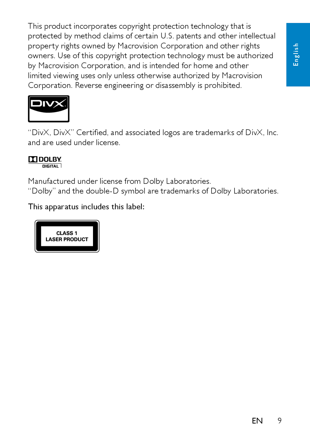 Philips PD9000/05 user manual This apparatus includes this label 