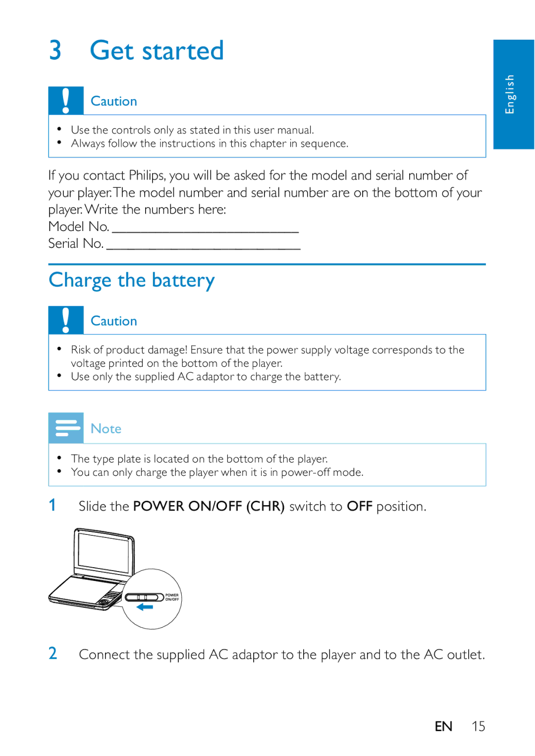 Philips PD9000/12 user manual Get started, Charge the battery 