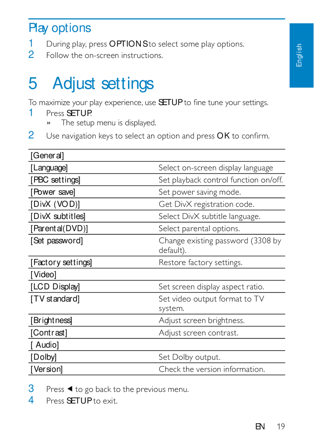 Philips PD9000/12 user manual Adjust settings, Play options 