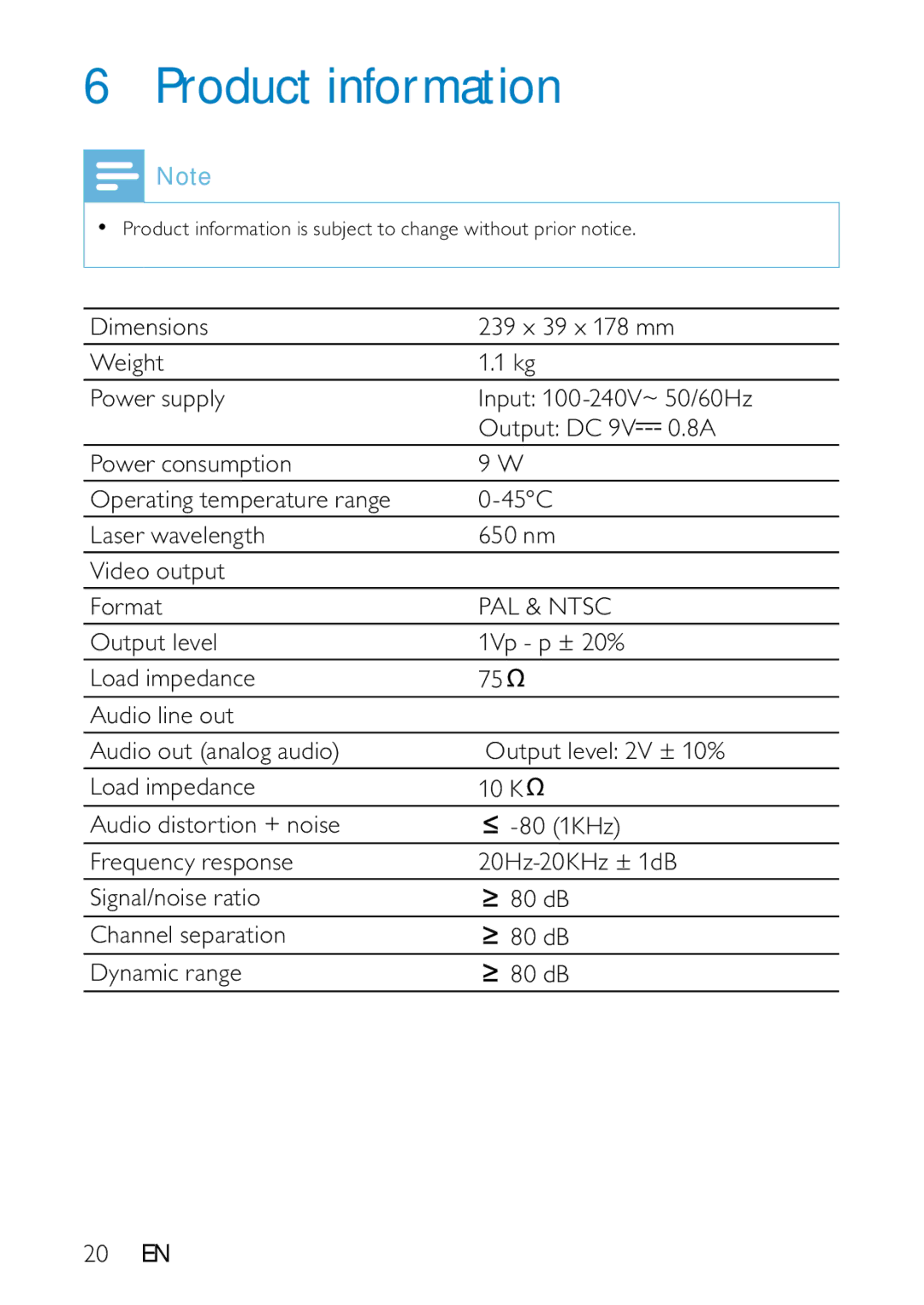 Philips PD9000/12 user manual Product information, PAL & Ntsc 