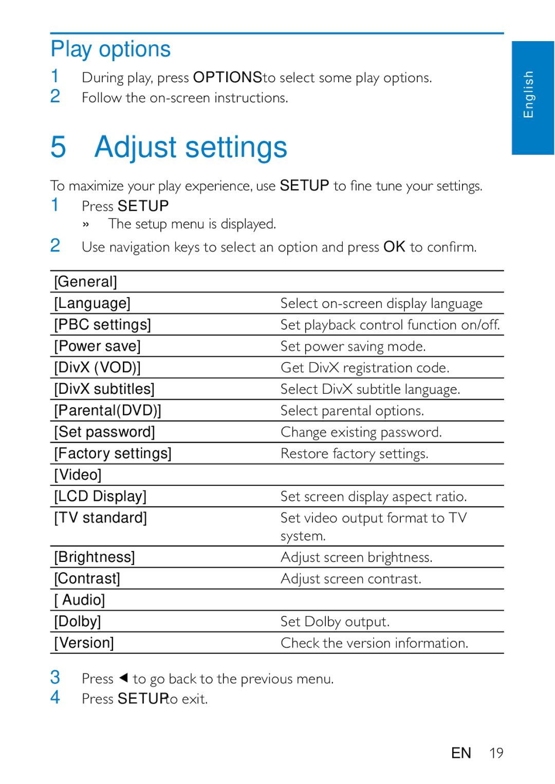 Philips PD9000/51 user manual Adjust settings, Play options 