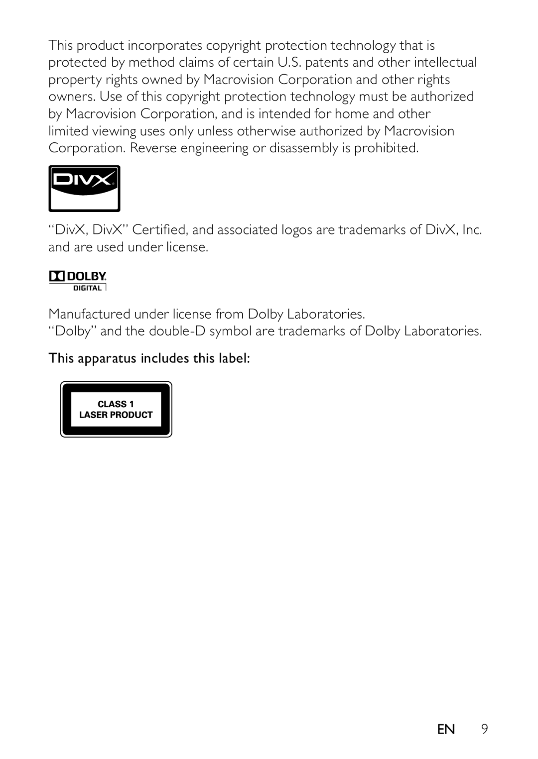 Philips PD9000/51 user manual This apparatus includes this label 