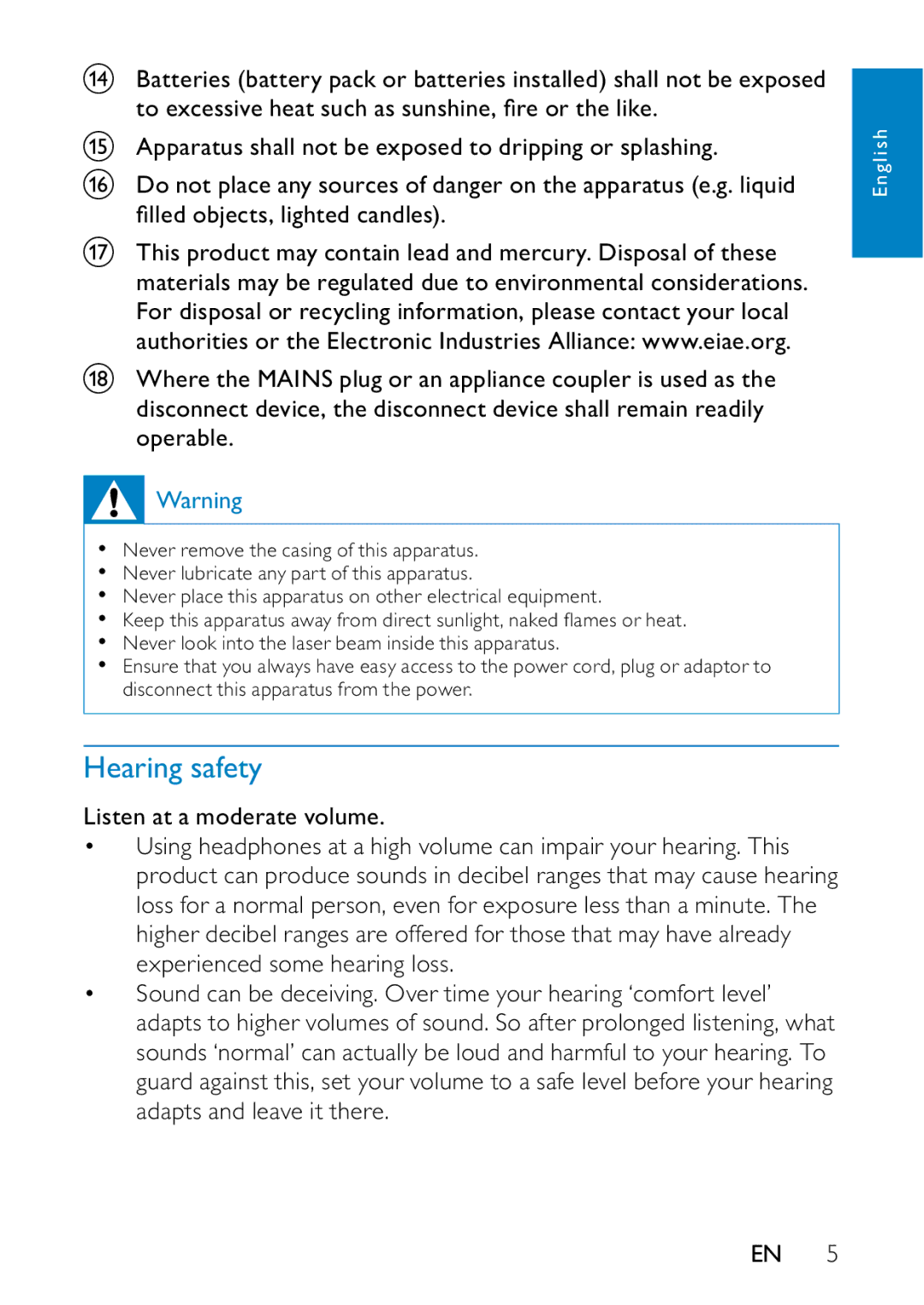 Philips PD9000/79 user manual Hearing safety 