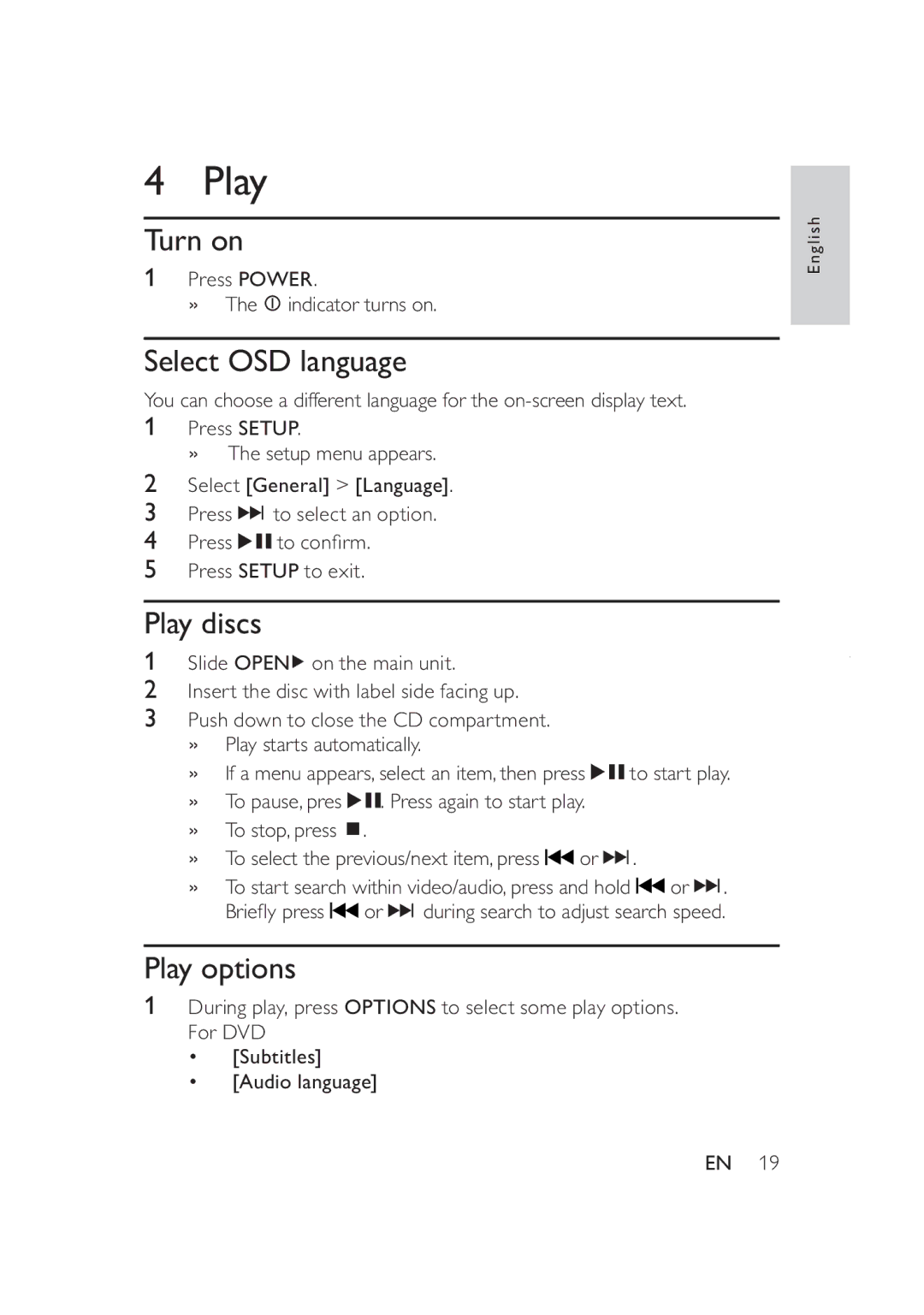 Philips PD9005/12 user manual Turn on, Select OSD language, Play discs, Play options 