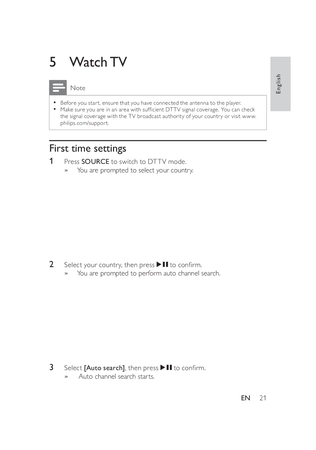 Philips PD9005/12 user manual WatchTV, First time settings 