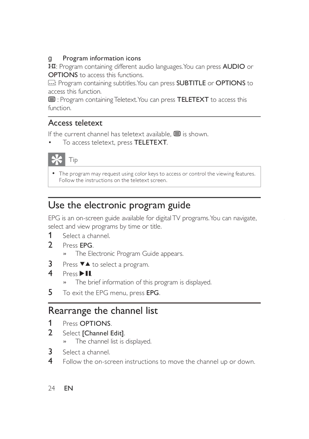 Philips PD9005/12 user manual Use the electronic program guide, Rearrange the channel list 