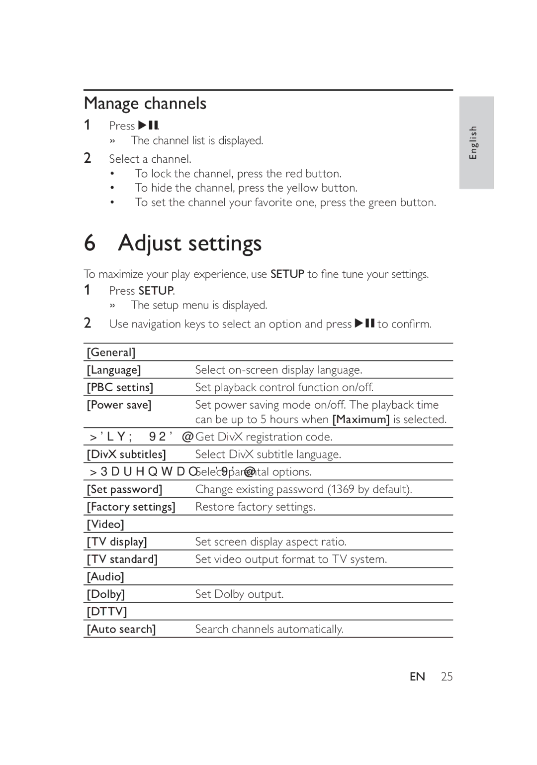 Philips PD9005/12 user manual Adjust settings, Manage channels, Dttv 