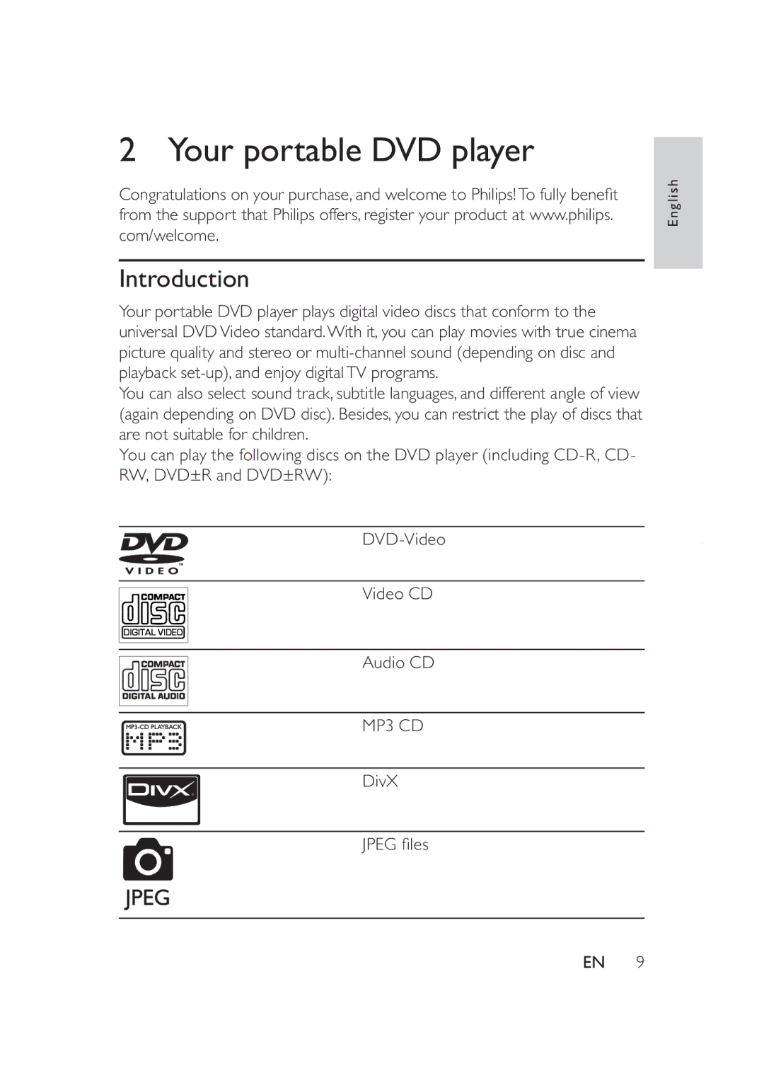 Philips PD9005/12 user manual Your portable DVD player, Introduction, MP3 CD 