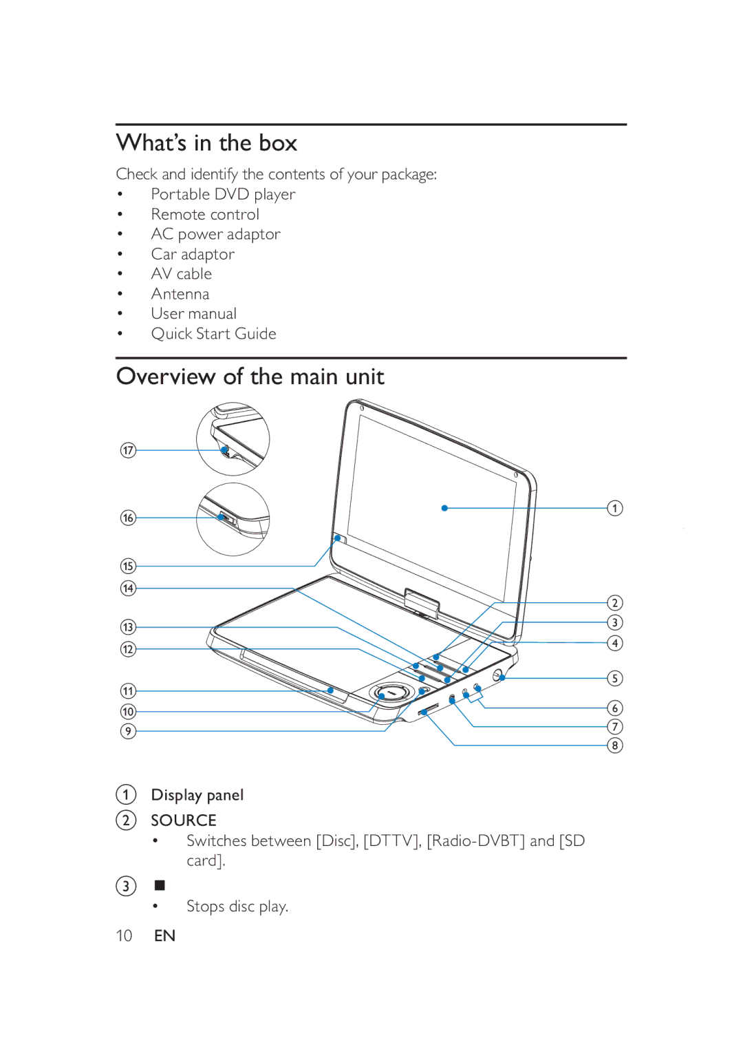 Philips PD9005/12 user manual What’s in the box, Overview of the main unit 