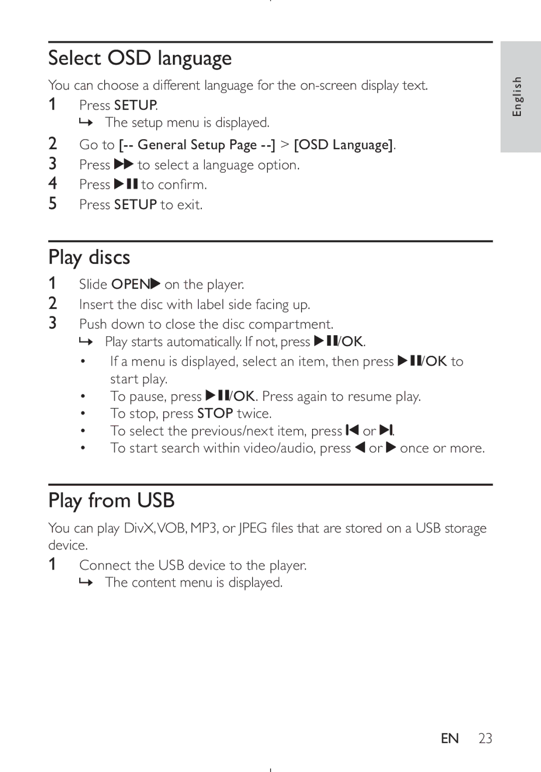 Philips PD9030 user manual Select OSD language, Play discs, Play from USB 