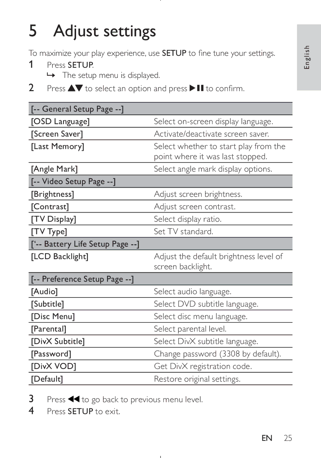 Philips PD9030 user manual Adjust settings 