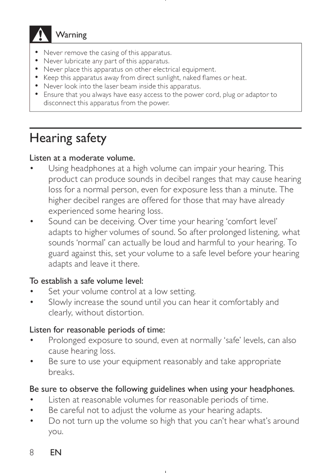 Philips PD9030 user manual Hearing safety 