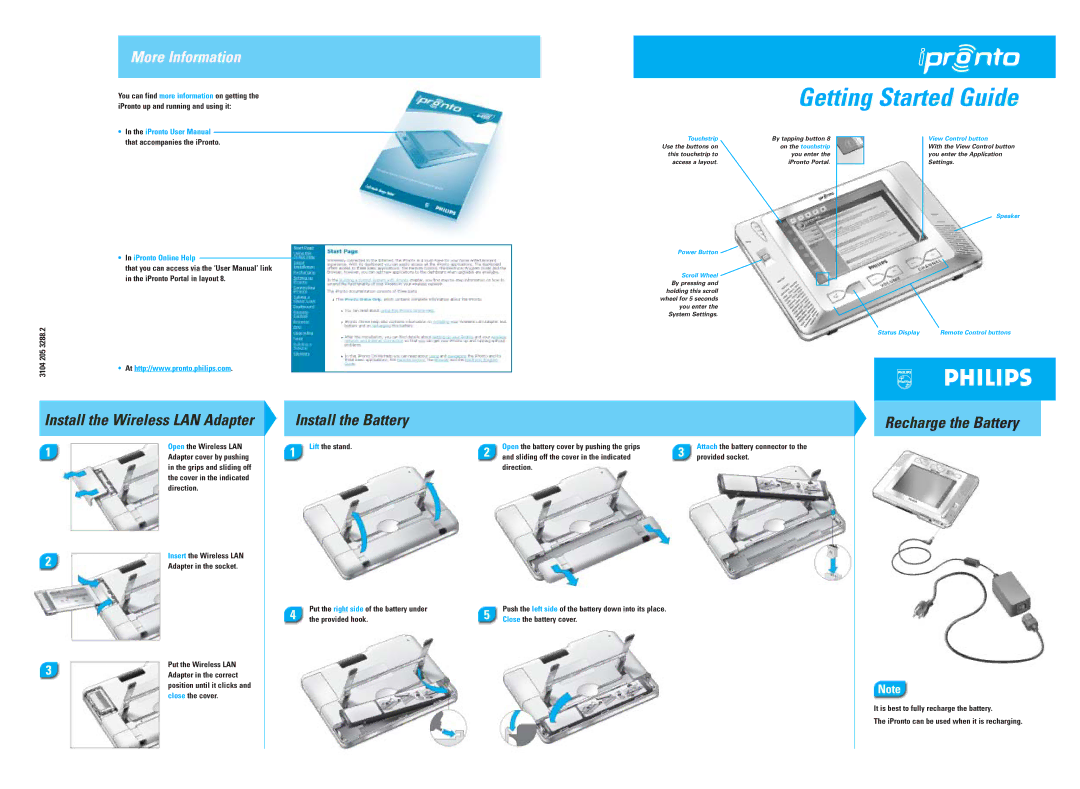 Philips PDA user manual Getting Started Guide, IPronto Online Help, Lift the stand, Provided hook, Close the battery cover 