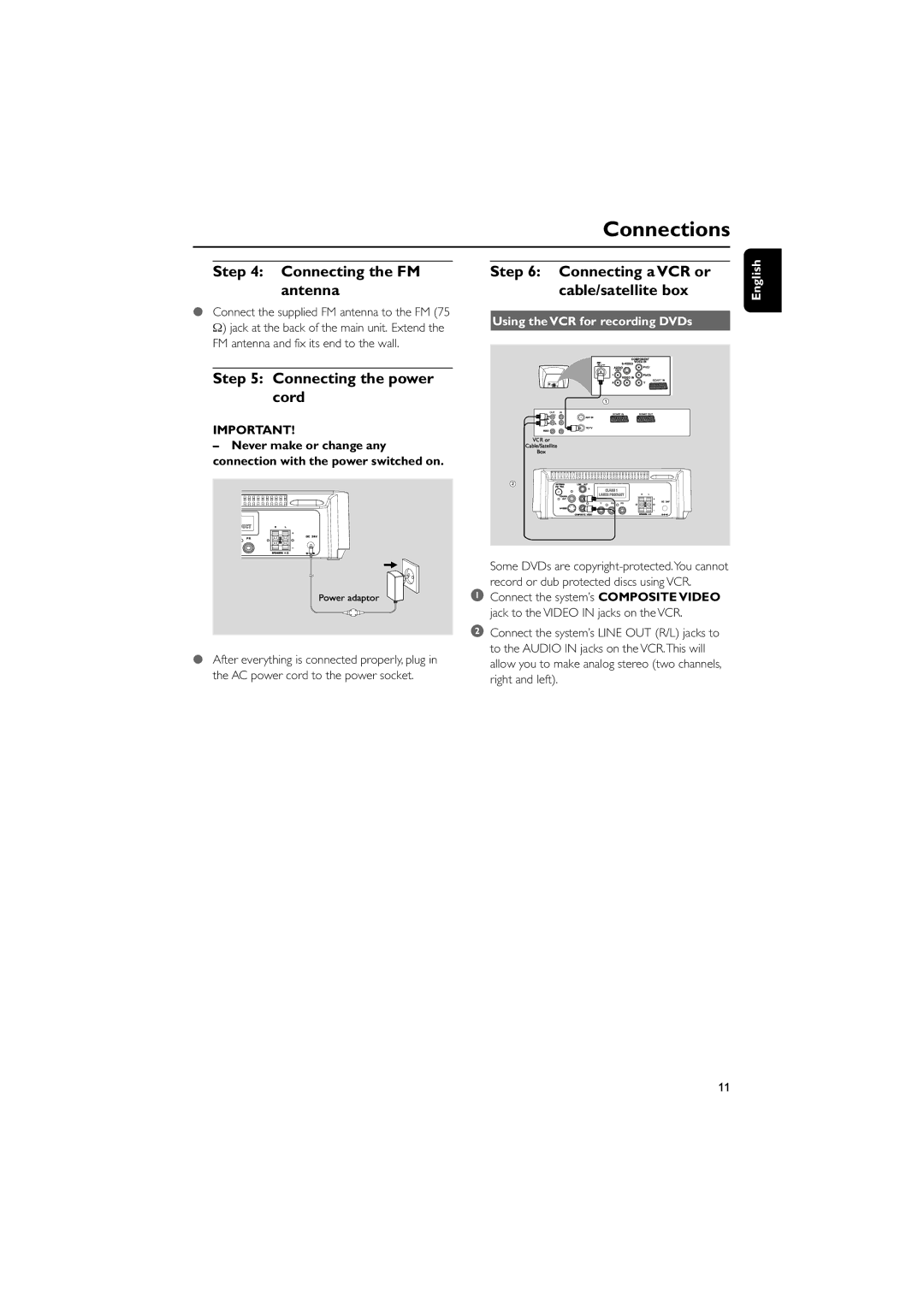 Philips PDCC-JH-0811 Connecting the FM antenna, Connecting the power cord, Connecting a VCR or cable/satellite box 