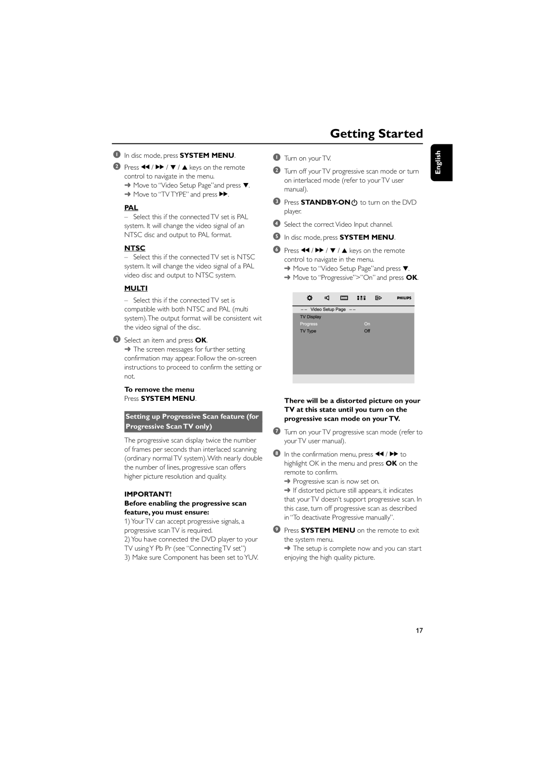 Philips PDCC-JH-0811 user manual Pal, Ntsc, Multi, To remove the menu Press System Menu, Progressive Scan TV only 