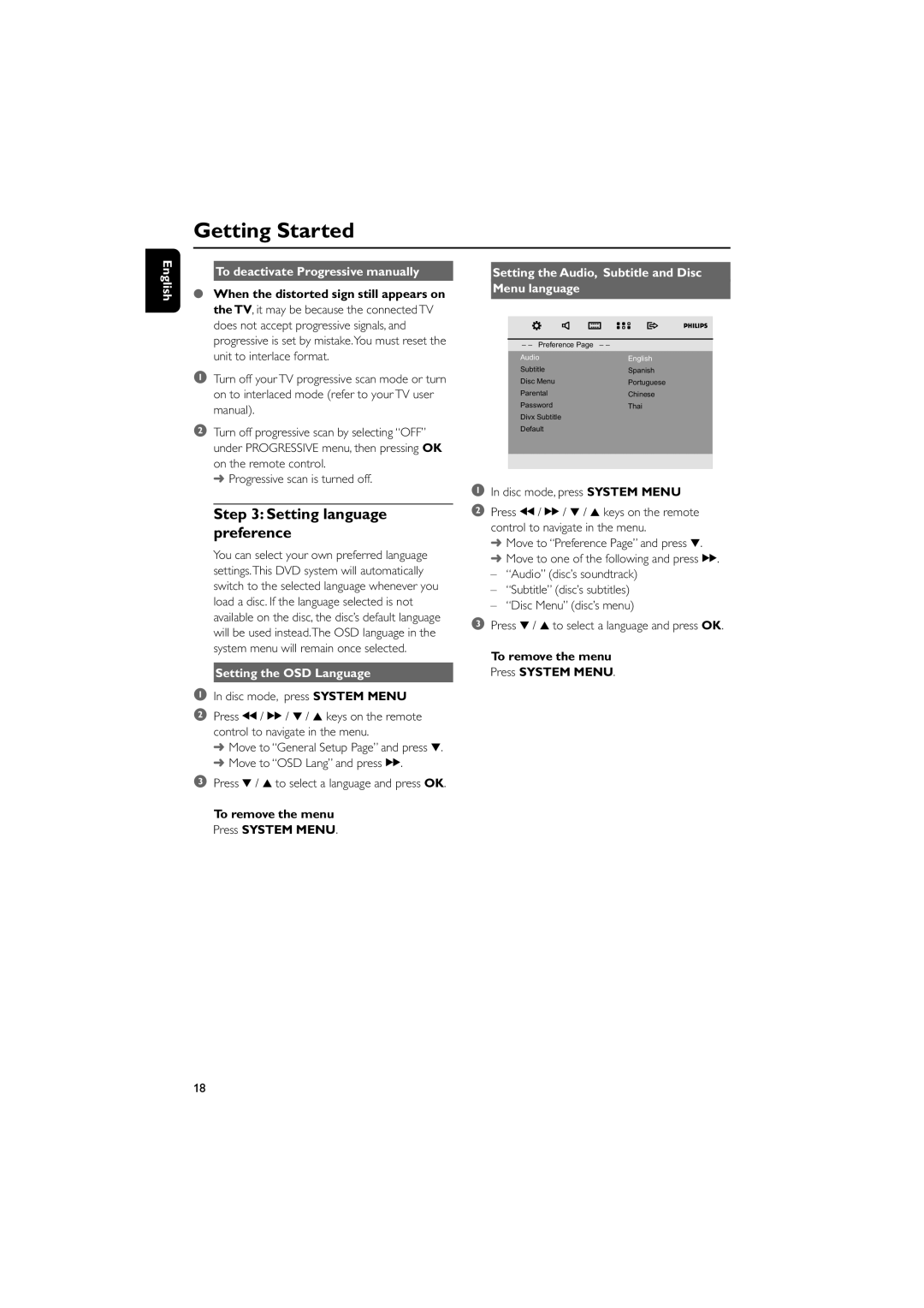 Philips PDCC-JH-0811 Setting language preference, English To deactivate Progressive manually, Setting the OSD Language 