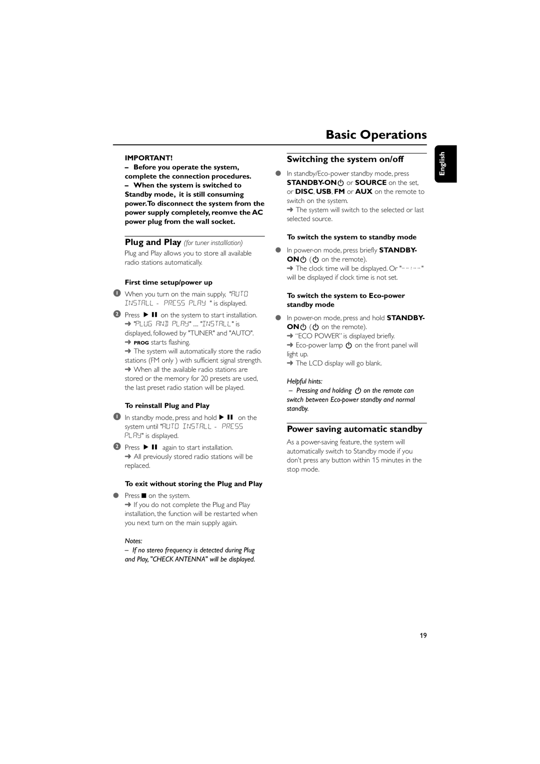 Philips PDCC-JH-0811 user manual Basic Operations, Switching the system on/off, Power saving automatic standby 