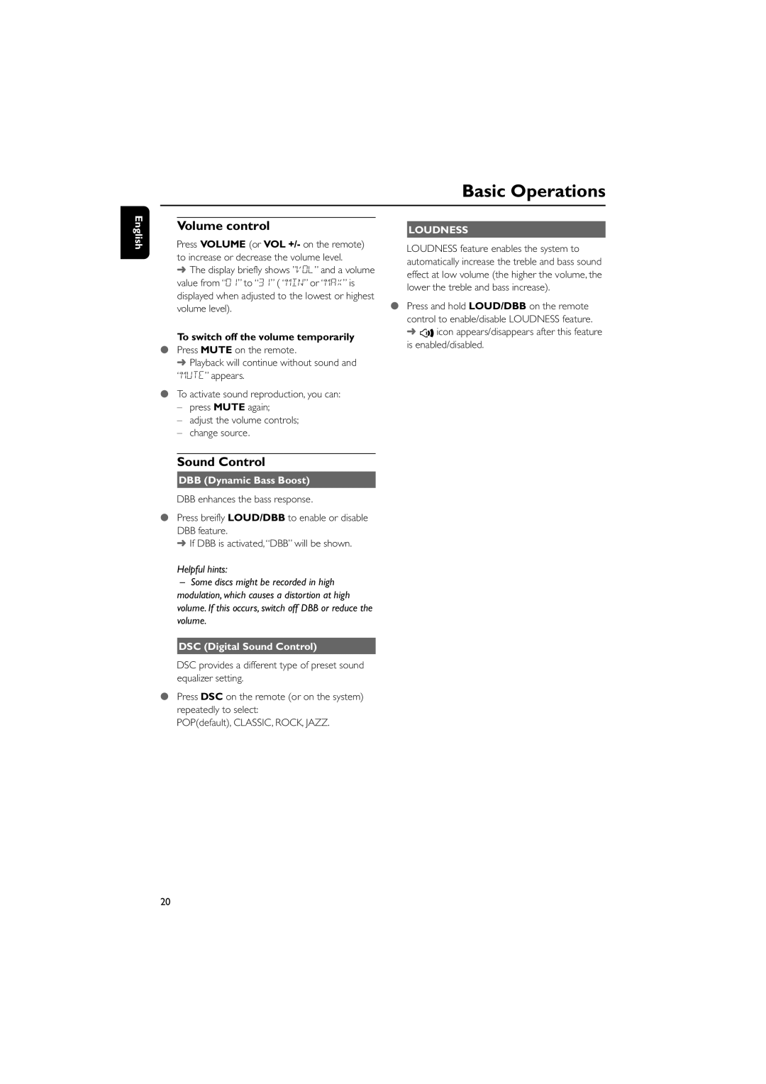 Philips PDCC-JH-0811 user manual Sound Control, To switch off the volume temporarily, DBB Dynamic Bass Boost 