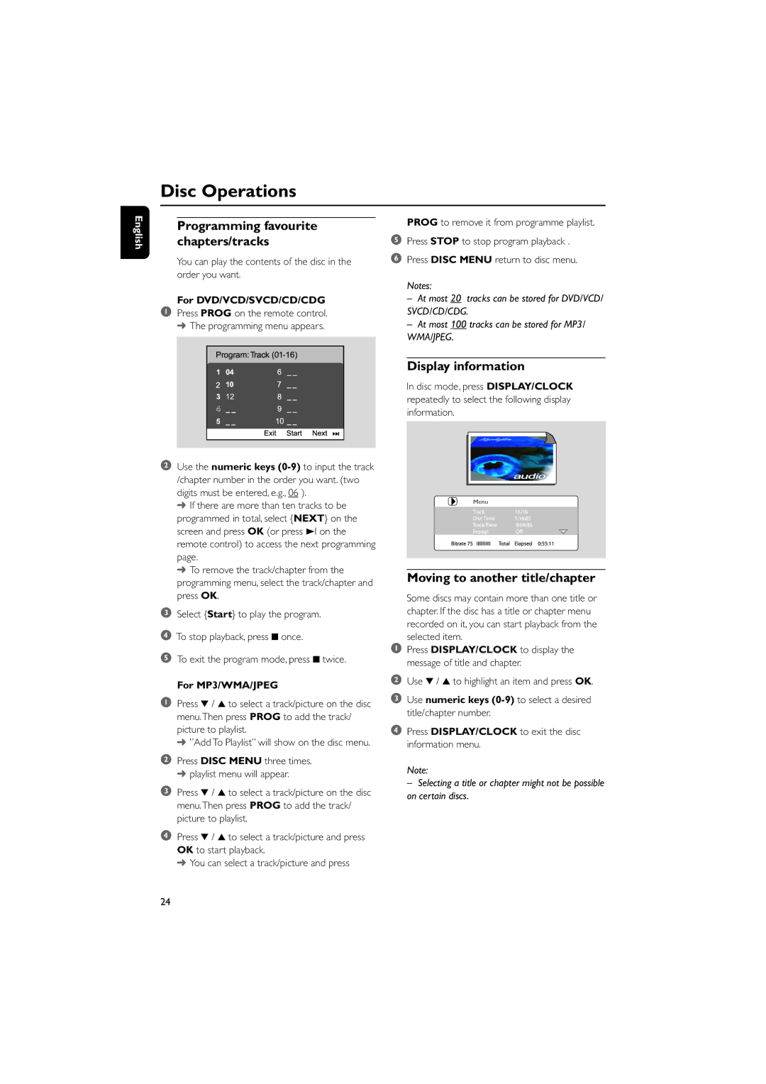 Philips PDCC-JH-0811 Programming favourite chapters/tracks, Display information, Moving to another title/chapter 