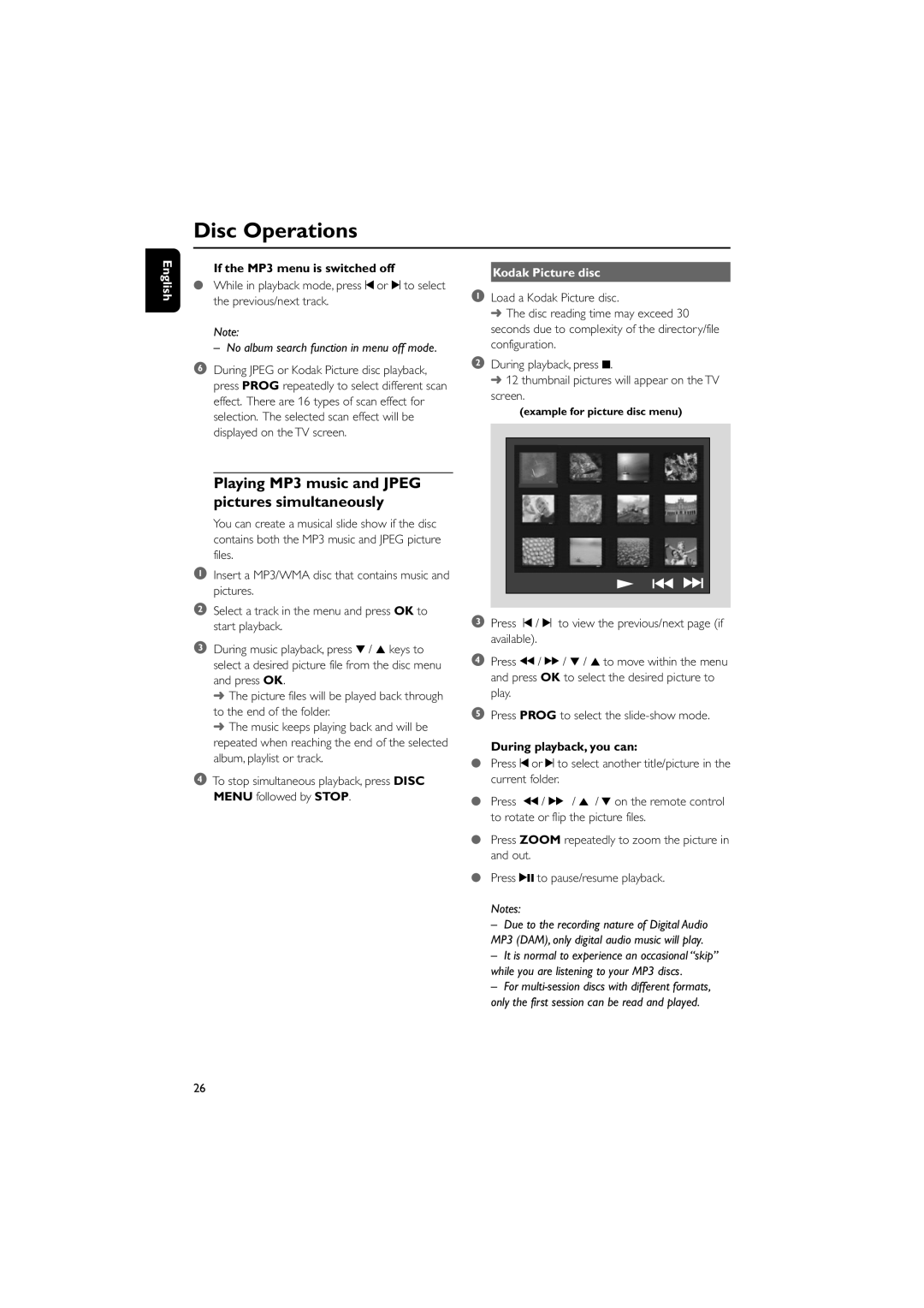 Philips PDCC-JH-0811 user manual If the MP3 menu is switched off, Kodak Picture disc, During playback, you can 