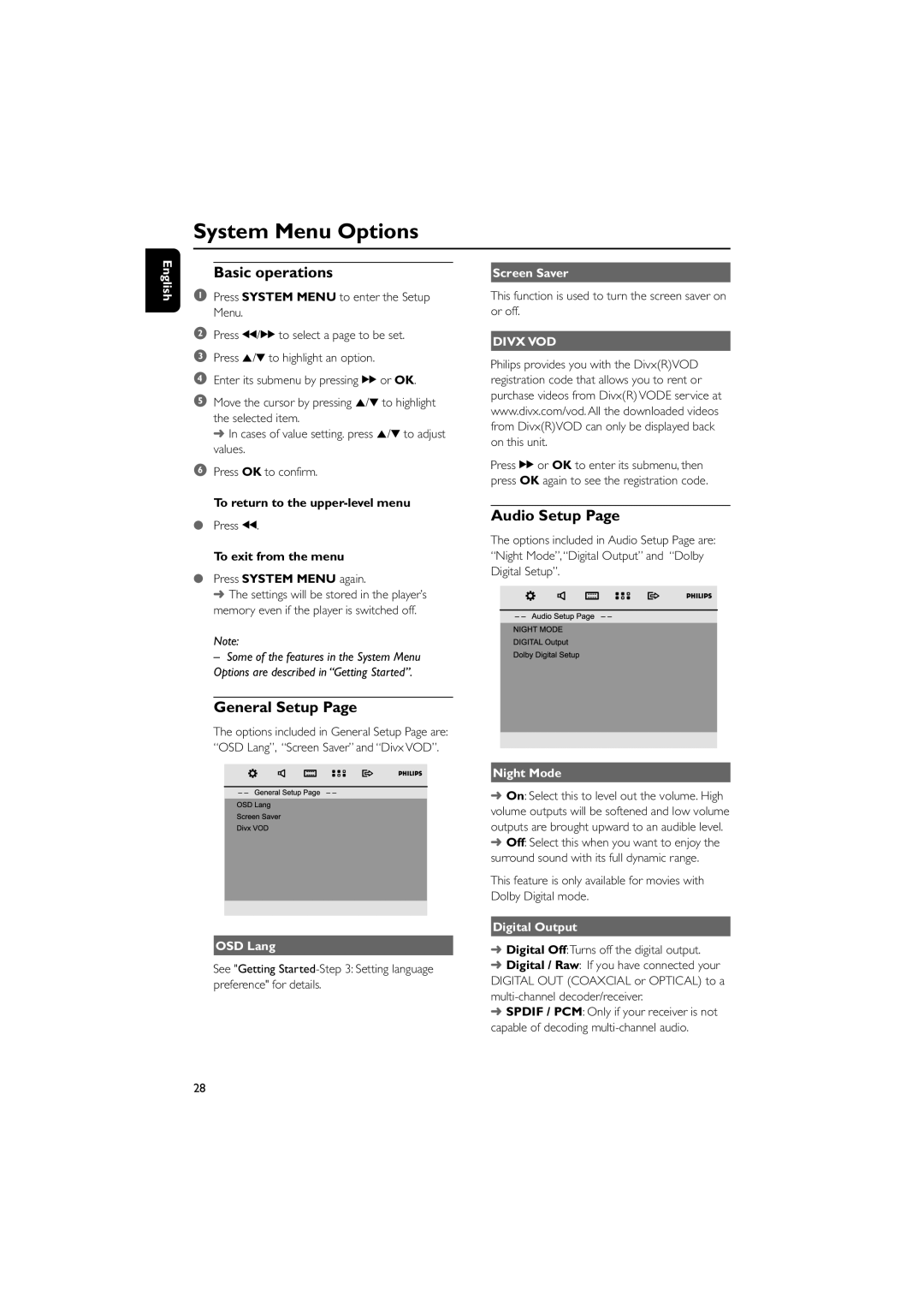 Philips PDCC-JH-0811 user manual Audio Setup, English Screen Saver, Night Mode, Digital Output 