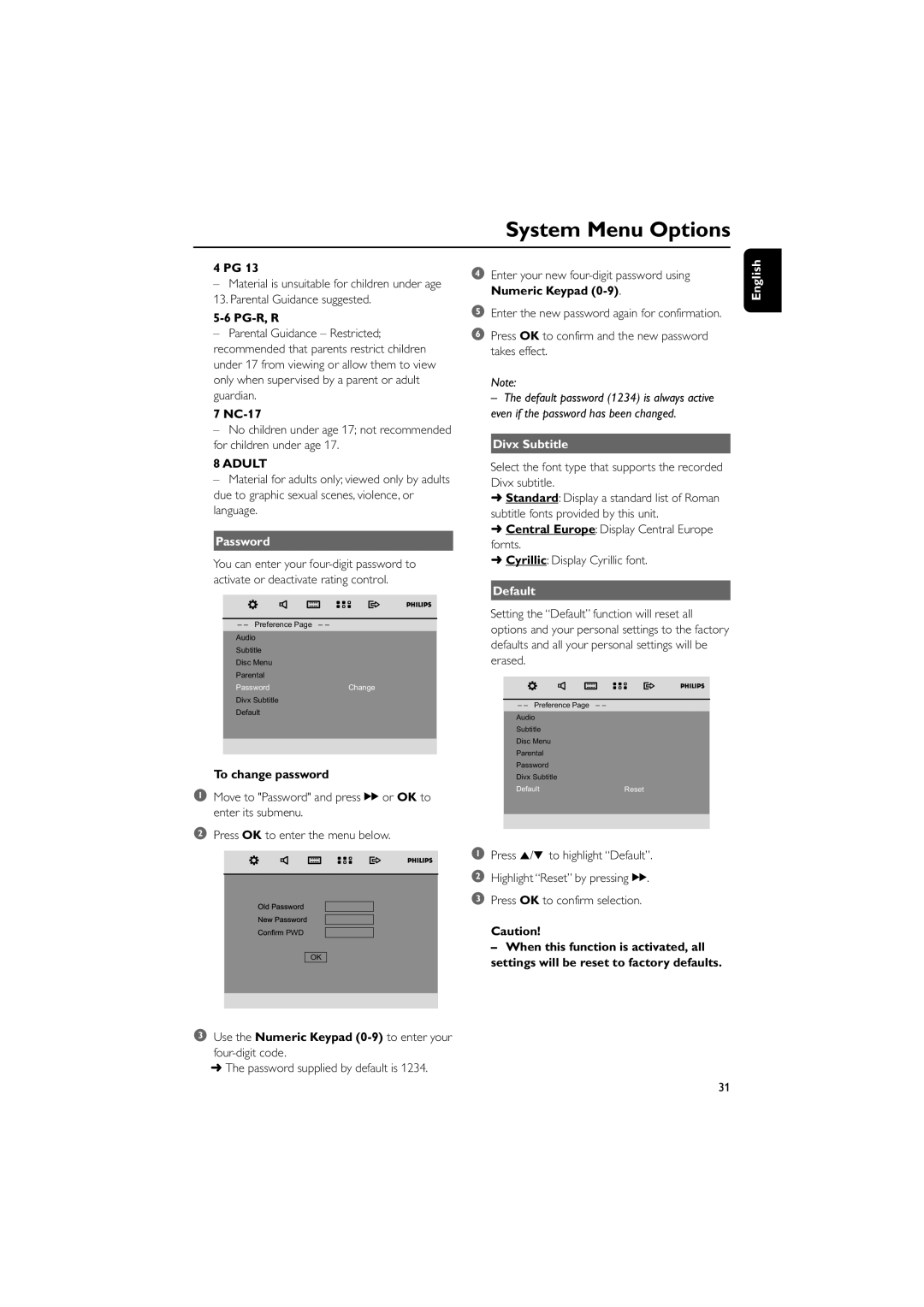 Philips PDCC-JH-0811 user manual Adult, Password, Divx Subtitle, Default 