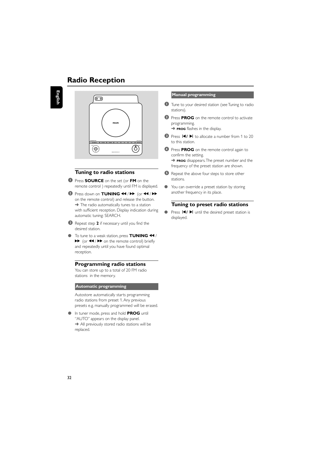 Philips PDCC-JH-0811 user manual Radio Reception, Tuning to radio stations, Programming radio stations 