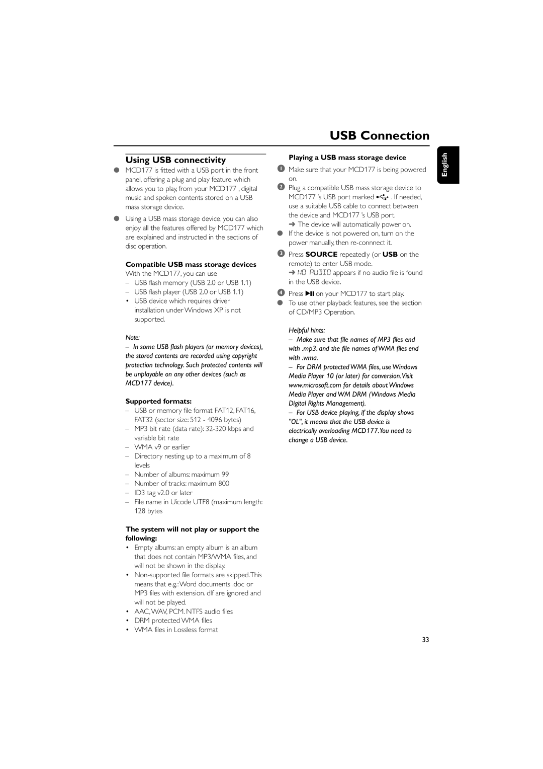 Philips PDCC-JH-0811 USB Connection, Using USB connectivity, Supported formats, Playing a USB mass storage device 