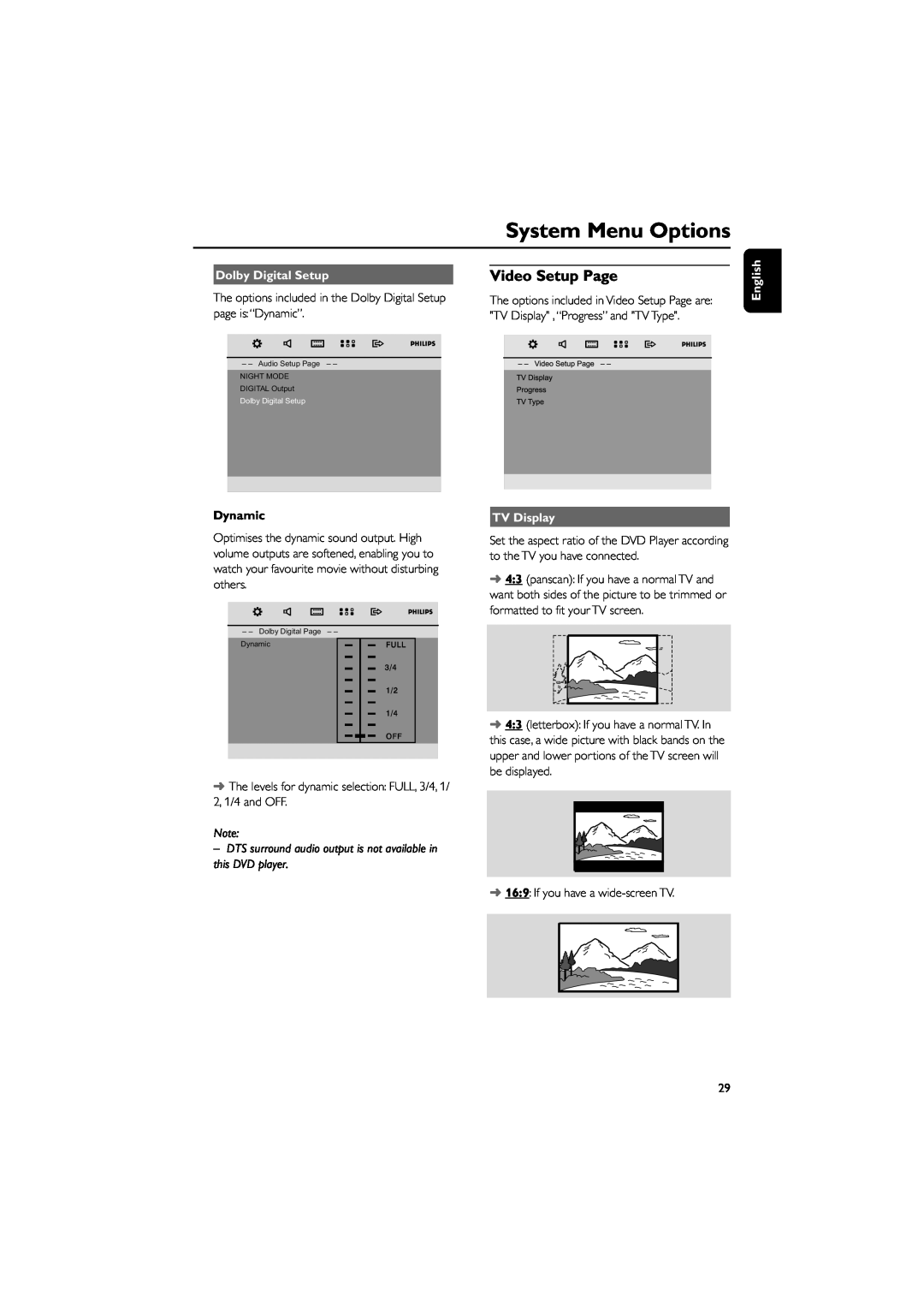 Philips PDCC-JH-0811 user manual System Menu Options, Video Setup Page, Dolby Digital Setup, Dynamic, TV Display, English 